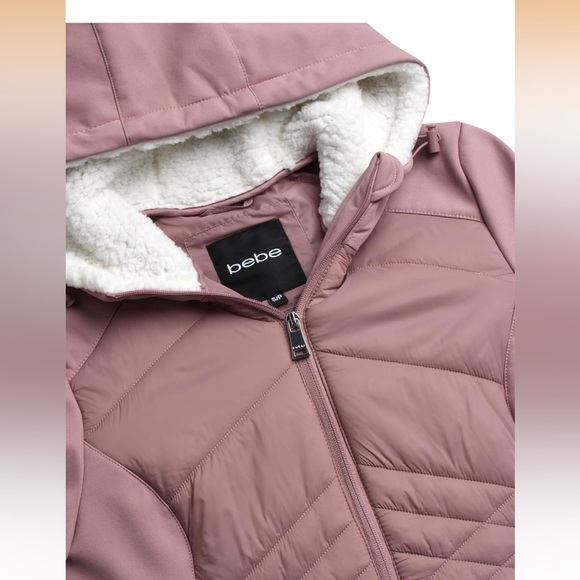 NWT Bebe Hooded Quilted Jacket - Dusty Rose -Sherpa Lined Hood & Rhinestone Logo - Picture 5 of 14